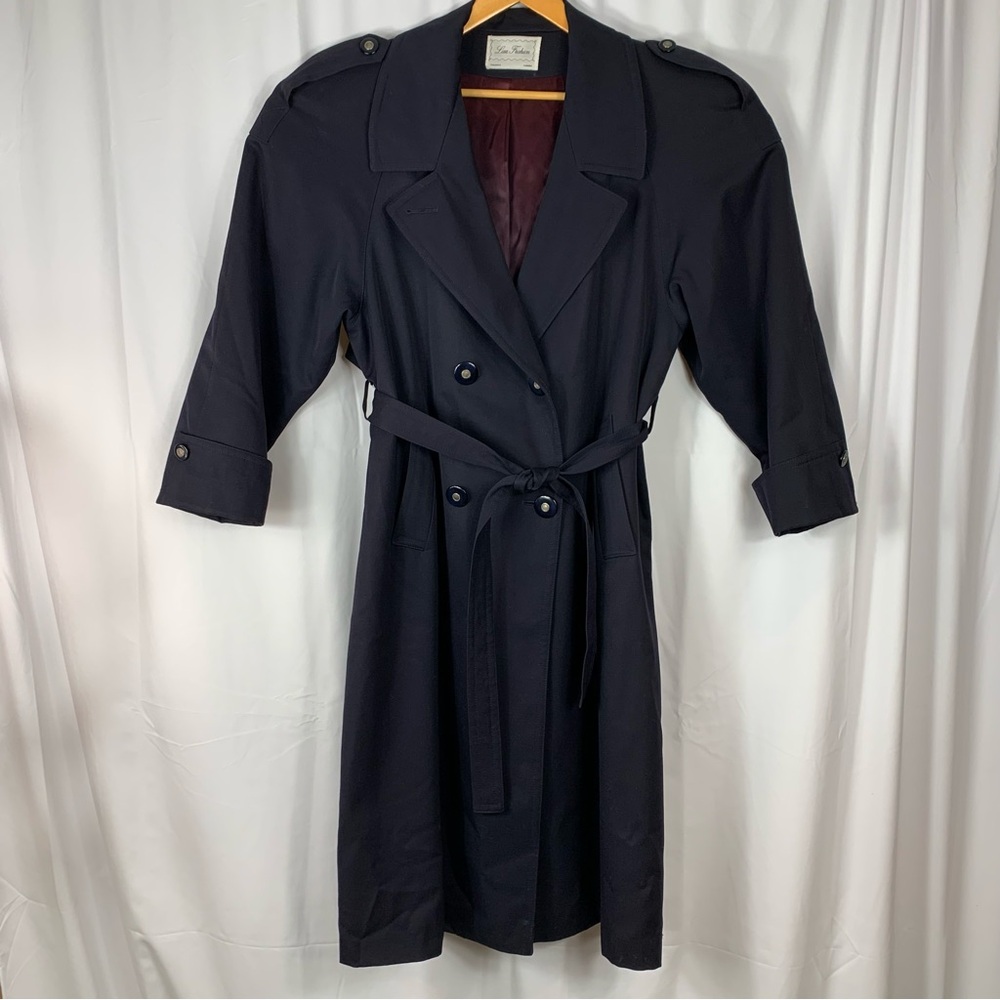 Vintage Lisa Fashion Wool Trench Coat 1980's Sz 12 Navy Blue Purple Lining Belt